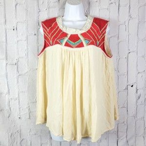Ivy Jane cream embroidered crochet trim neck back flowy sleeveless blouse top